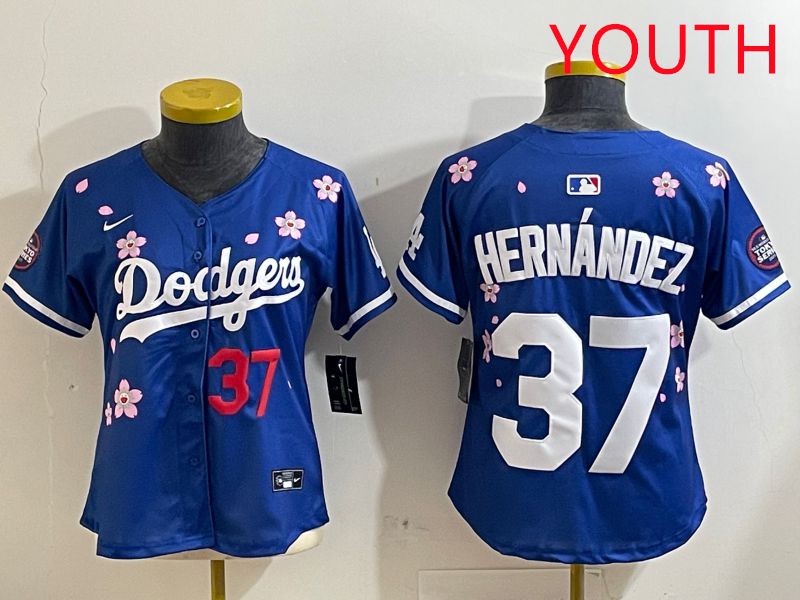 Youth Los Angeles Dodgers #37 Hernandez Blue Sakura Edition 2025 Nike MLB Jersey style 2
